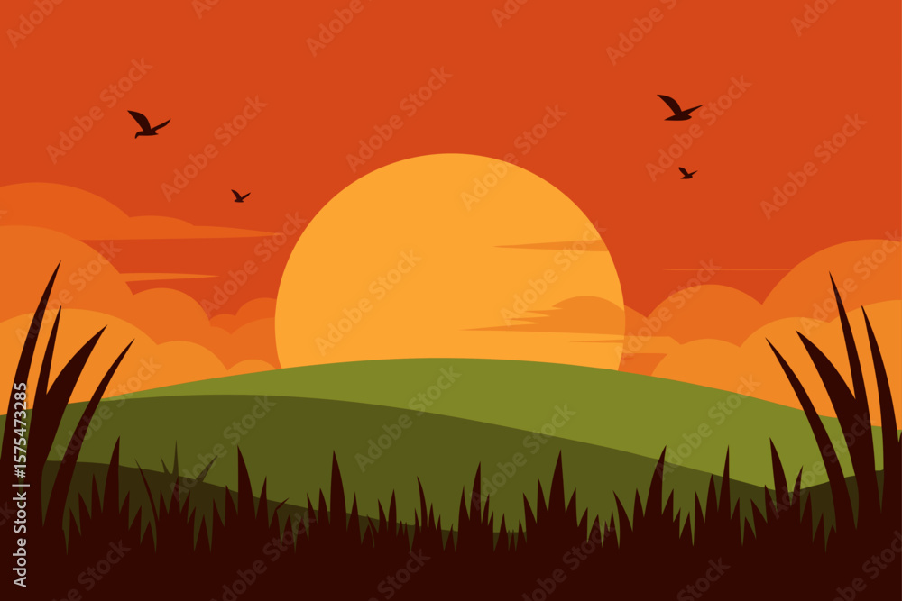 Obraz premium sunset over grassy fields with birds in flight variation three