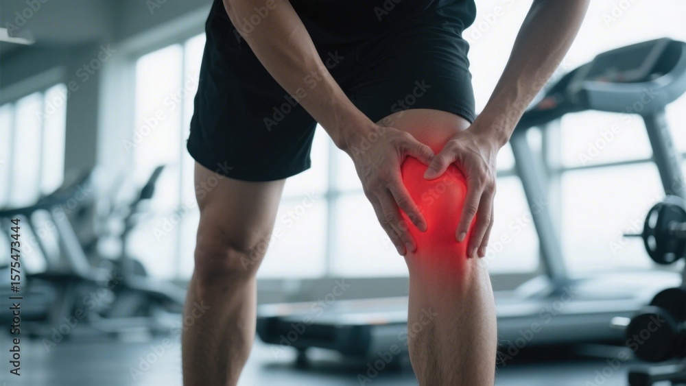 A man in the gym, pressing his knees with both hands, with red highlights on the knees, showing sports injury conditions.