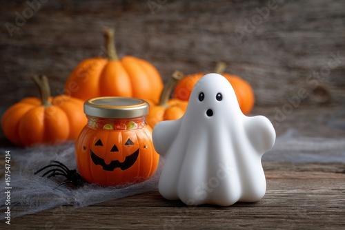 Halloween scene with a cute ghost small pumpkins and a candyfilled pumpkin jar on a rustic wood surface