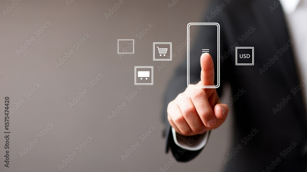 Seamless E-Commerce Transactions with Secure Payment Gateway Solutions, A businessman interacts with digital icons on a touchscreen, symbolizing online transactions. Seamless E-Commerce Transactions with Secure Payment Gateway Solutions, A businessman interacts with digital icons on a touchscreen, symbolizing online transactions.