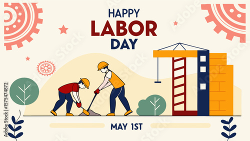 Happy labor day may first vector illustration with construction workers gears and building under construction