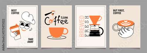  Illustrations of coffee break poster design. Icons, stickers for menu, kitchen, cafe, store. Character with mug. Pour-over coffee, coffeepot. Vector minimalist art.