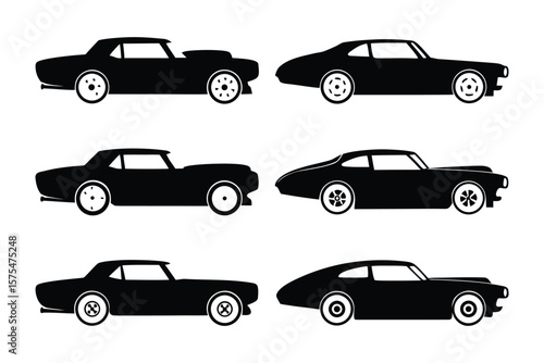 Classic Car Silhouettes: Six sleek silhouettes of classic cars, showcasing iconic designs of automotive history, evoking a sense of timeless elegance and power.
