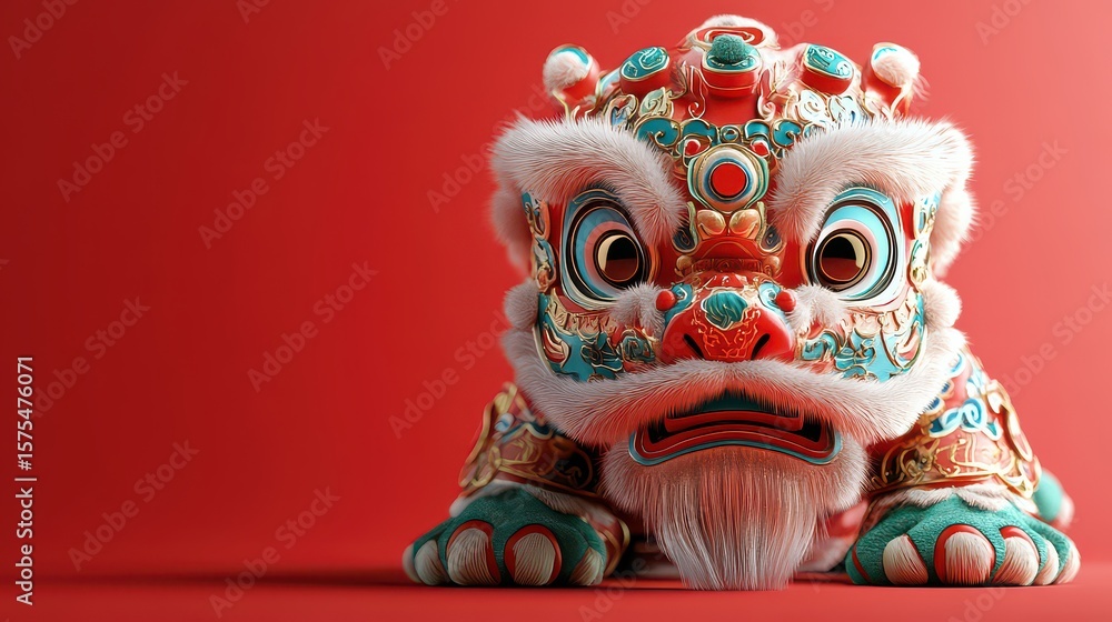 Fototapeta premium Festive Lion with Dance Costume Red Background.