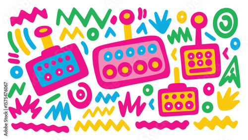 A vibrant illustration featuring colorful retro game controllers and abstract geometric shapes all over the place