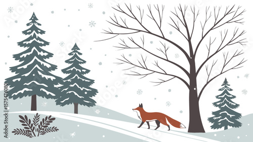 Winter scene illustration of fox in snowy landscape with trees and snowflakes vector graphic design