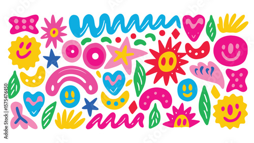 A whimsical assortment of colorful shapes including stars, hearts, smiles and floral elements artfully placed