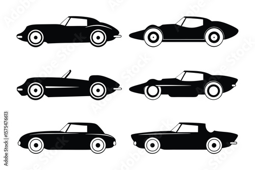 Classic Silhouette Cars: A sleek collection of six vintage sports cars, elegantly rendered in striking black silhouettes, showcasing timeless design and automotive heritage.