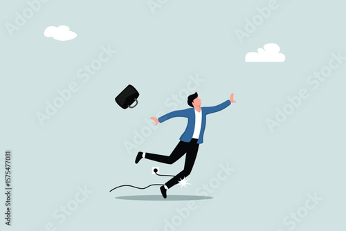Failure or mistake, accident or surprise problem that impact business concept, clumsy businessman stumble with power cable electric plug falling on the floor