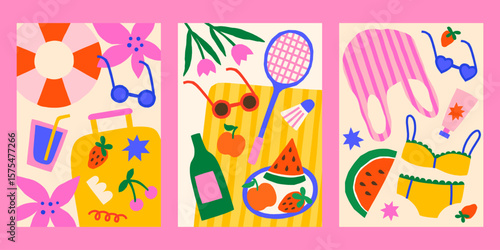 Summer vector posters set. Bright print designs with picnic, fruits, beach, vacation illustrations