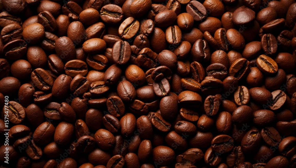 Fototapeta premium Close-up view of roasted coffee beans showing rich texture and detail