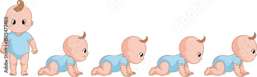 Cartoon Babies Learning to Crawl Infant Development Stages in Light Blue Onesies, on White