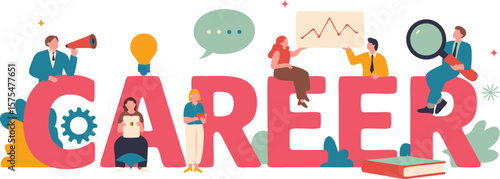 Colorful Illustration of Career with Diverse Professionals Exploring Opportunities and Analyzing Data in a Collaborative Setting