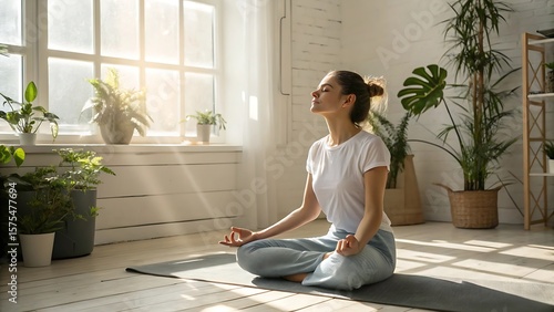 Woman meditating in sunlit room with plants yoga relaxation
