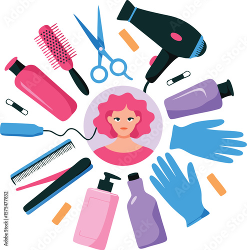 Flat lay of hairdressing tools and pink haired woman, on a white background