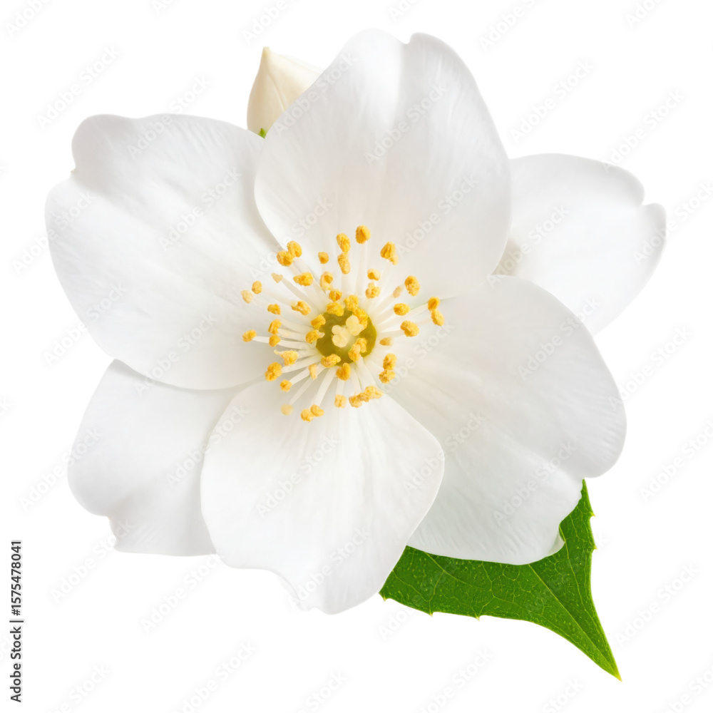 Obraz premium Delicate white flower with yellow center and green leaf, isolated on transparent background.