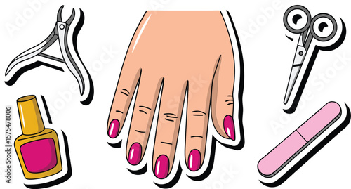 Illustration of a Hand with Pink Manicure Next to Manicure Tools and Nail Polish