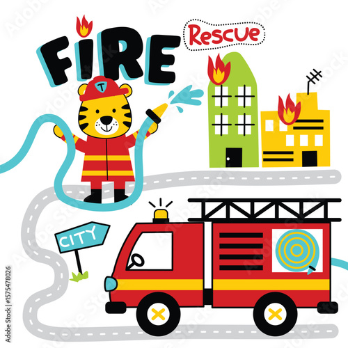 Cartoon firefighter tiger extinguishing fire in city with firetruck and burning buildings illustration. Emergency rescue concept
