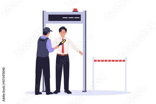 Security Guard Scanning Person at Checkpoint Gate. Illustrations for websites, landing pages, mobile apps, posters and banners
