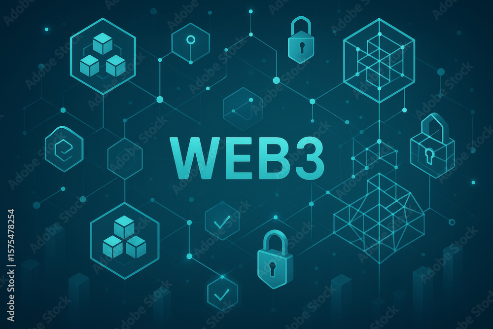 Obraz premium Digital illustration features term WEB3 surrounded by interconnected hexagons, cubes, and padlock icons, symbolizing blockchain, security, and decentralized web technology, emphasizing innovative