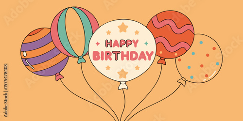 Colorful balloons with various patterns and a central balloon featuring the text Happy Birthday, creating a festive atmosphere for celebration and joy in a cheerful design
