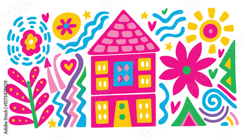Colorful whimsical illustration of a pink house with flowers and abstract shapes surrounding it