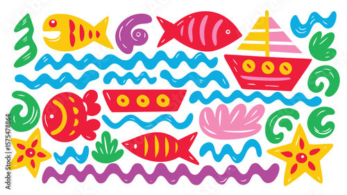 Whimsical ocean scene with colorful fish boats and starfish creating a playful underwater world view