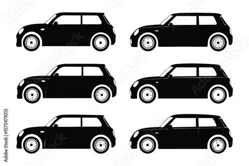 Automotive Array: An illustrative compilation showcases a variety of sleek, black automobiles, rendered in a minimalist design.