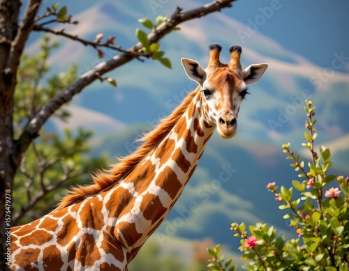 main subject: the primary subject is a young giraffe, positioned slightly to the right of the center, it faces forward, engaging the viewer with its gaze