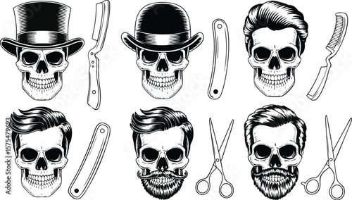 Barber Shop Skull Heads Vintage Haircuts, Straight Razors, Combs, and Scissors Design