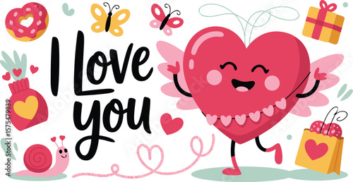 Cartoon I Love You Message with Heart Character, Gifts, Snail, Butterflies, and HeartShaped Donut