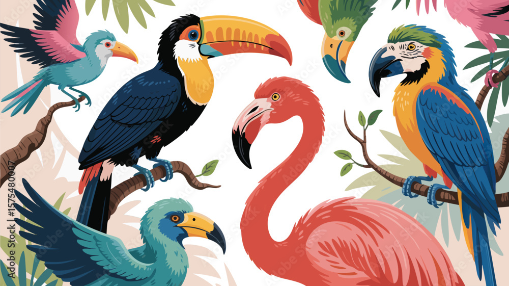 Obraz premium Colorful Tropical Birds Illustration Toucan, Flamingo, Parrot, and Exotic Bird Species on Branches