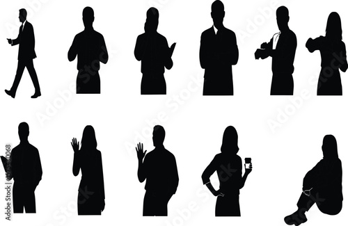 Silhouette collection of people in various poses on a white background