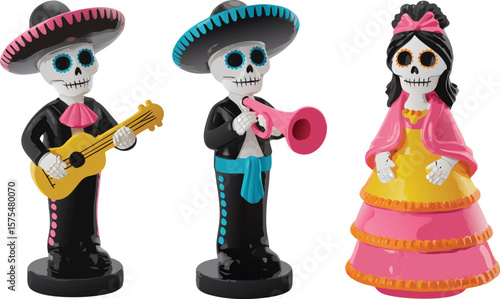 Day of the Dead Figures Male Skeletons with Guitar, Trumpet, and Female Skeleton in Dress