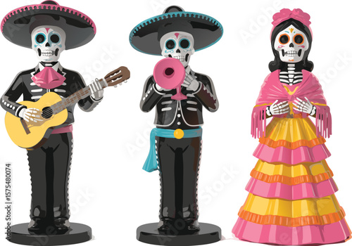 Day of the Dead Skeletons Musicians Mariachi Band with Guitar, Trumpet, and Elegant Female Figurine