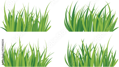 Four Cartoon Illustrations of Lush Green Grass Isolated on a White Background