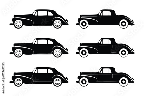 Classic Car Silhouette: A collection of elegant, timeless silhouettes showcasing vintage automobiles, each a testament to classic design. Capturing the charm and enduring appeal of a bygone era.