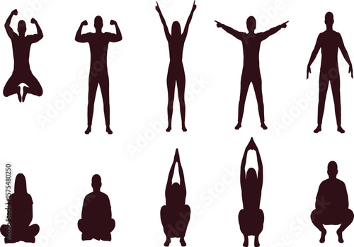 Silhouettes of people in various poses on a white background display