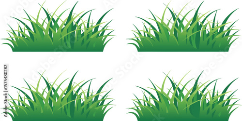Four Patches of Green Grass Illustrations on White Background, Isolated