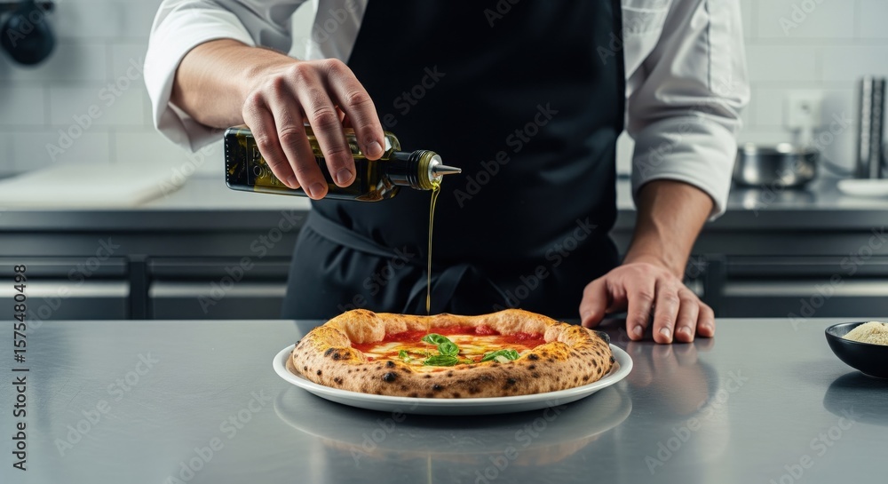 Chef Drizzling Olive Oil on Neapolitan Pizza in Professional Kitchen Chef Drizzling Olive Oil on Neapolitan Pizza in Professional Kitchen