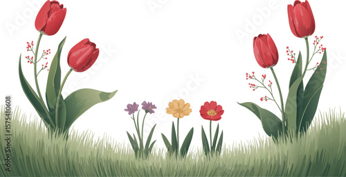 Red Tulips and Colorful Wildflowers Growing in Green Grass Watercolor Illustration Art