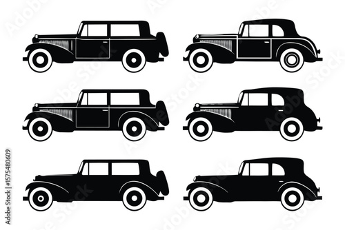 Vintage Car Collection Silhouette: A detailed compilation of vintage car silhouettes against a backdrop, showcasing the elegance and timeless design of classic automobiles. 