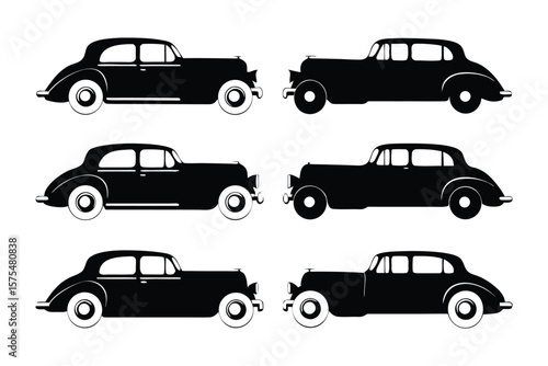 Classic Car Silhouettes: A timeless collection of sleek, black vintage cars in a monochromatic illustration, symbolizing elegance, sophistication, and a bygone era of automotive design.