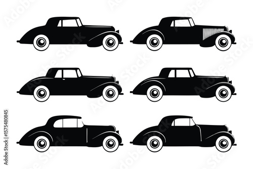 Vintage Car Silhouettes: A collection of meticulously crafted vintage car silhouettes in a monochrome scheme, elegantly capturing the nostalgia of classic automotive design.