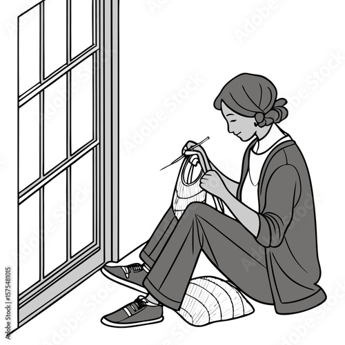 Person Calmly Knitting by a Window in Peaceful Setting. Perfect for: World Mental Health Day, indoor hobbies features