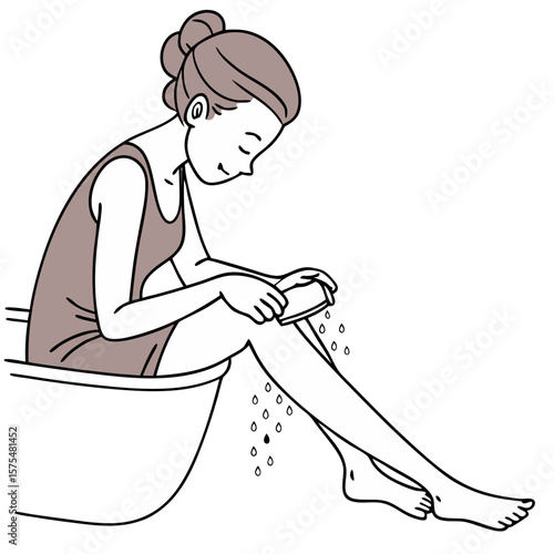 Woman Applying Body Scrub While Sitting on Bathtub Edge. Perfect for: Spa Day, exfoliation tips, weekend self-care