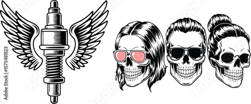 Winged Spark Plug and Three Skulls with Sunglasses, Biker Gang Image, Black and White