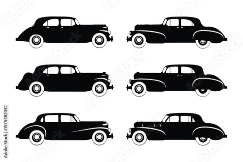 Vintage Car Silhouette Set: Classic black cars in side view, showcasing elegant designs, ideal for automotive design, history, or transportation-themed projects.