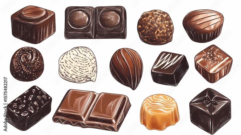 Obraz premium Hand-drawn illustration of assorted chocolates.