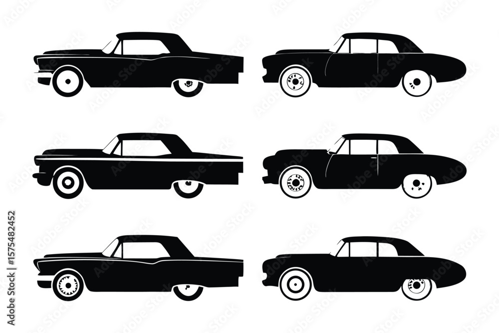 Fototapeta premium Classic Car Silhouette: A series of elegant silhouettes depicting classic cars. Each car showcases timeless design and style, perfect for transport or automotive projects.